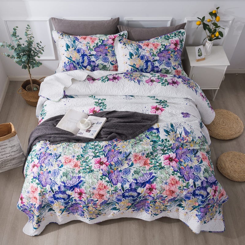 Travan Queen Quilt Set 3-Piece Bedspread Quilted Oversized Lightweight Microfiber Coverlet Set with Shams Violet Purple Floral Pattern Quilted Bedding Set for All Season, Queen - Image 4