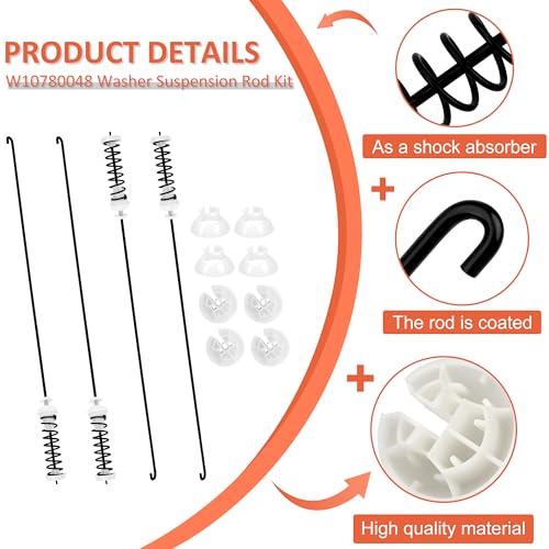Funmit Updated W10780048 Washer Suspension Rod Kit 4pcs (23.6in) Compatible with Whirlpool Kenmore Amana Maytag Washing Machine WTW4800XQ1 WTW4800XQ2 ATW4675YQ1 WTW4800XQ4 MVWC200XW2 WTW4930XW1 by Funmit - Image 3