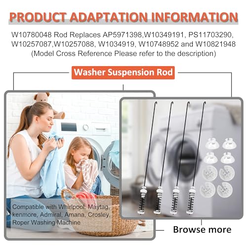 Funmit Updated W10780048 Washer Suspension Rod Kit 4pcs (23.6in) Compatible with Whirlpool Kenmore Amana Maytag Washing Machine WTW4800XQ1 WTW4800XQ2 ATW4675YQ1 WTW4800XQ4 MVWC200XW2 WTW4930XW1 by Funmit - Image 5