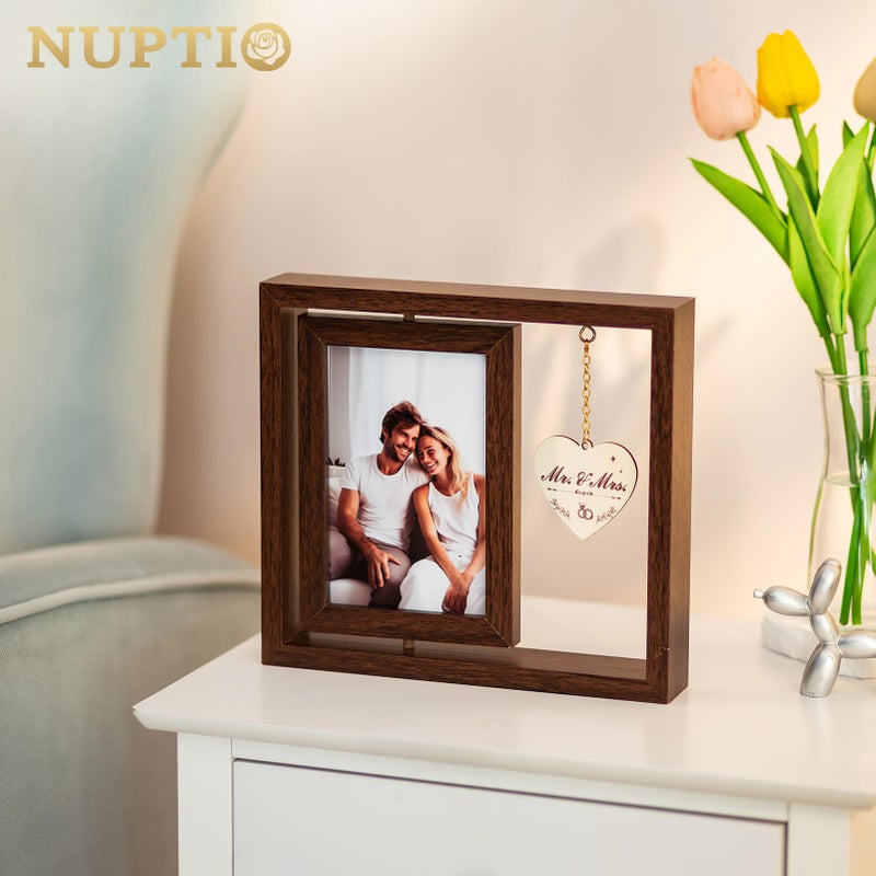 NUPTIO Wedding Gifts Picture Frame: Couples Gift Ideas for Mr and Mrs Bride Groom Newlywed Bridal Shower Christmas Engagement Anniversary 4x6 Rotating Double Sided Photo Frames with Heart Pendant - Image 3
