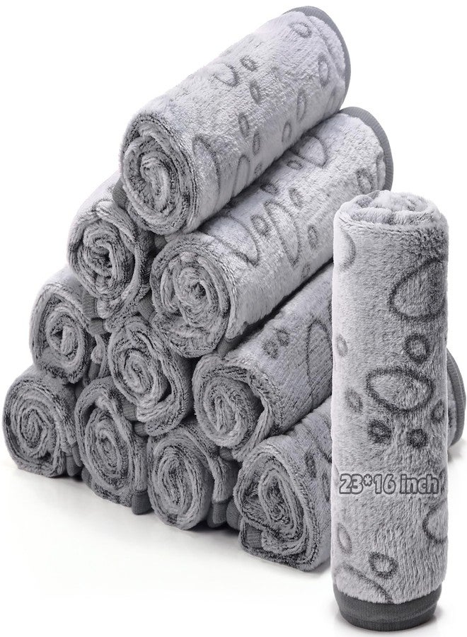 Tegeme 12 Pcs Pet Blankets Soft Fluffy Fleece Dog Cat Warm Paw Print Pattern Blankets Flannel Throw for Pets Dog Puppy Cat(23 x 16 Inch,Gray) - Image 1