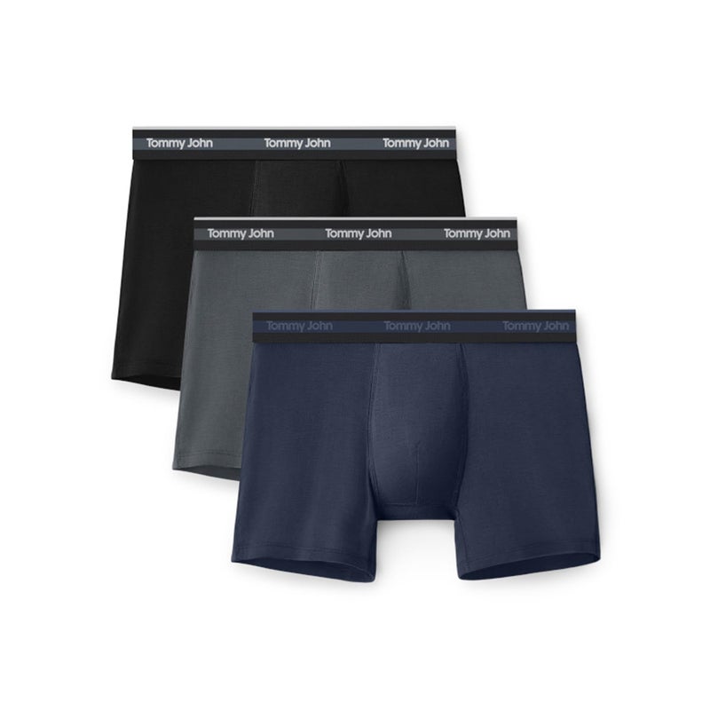 Tommy John Men's Comfort Micro Trunk Boxer Brief Underwear - 4" 3-Pack, 4-Way Stretch, Stay-Put Waistband, Support Pouch (Black/Turbulence/Dress Blues, Large) - Image 1