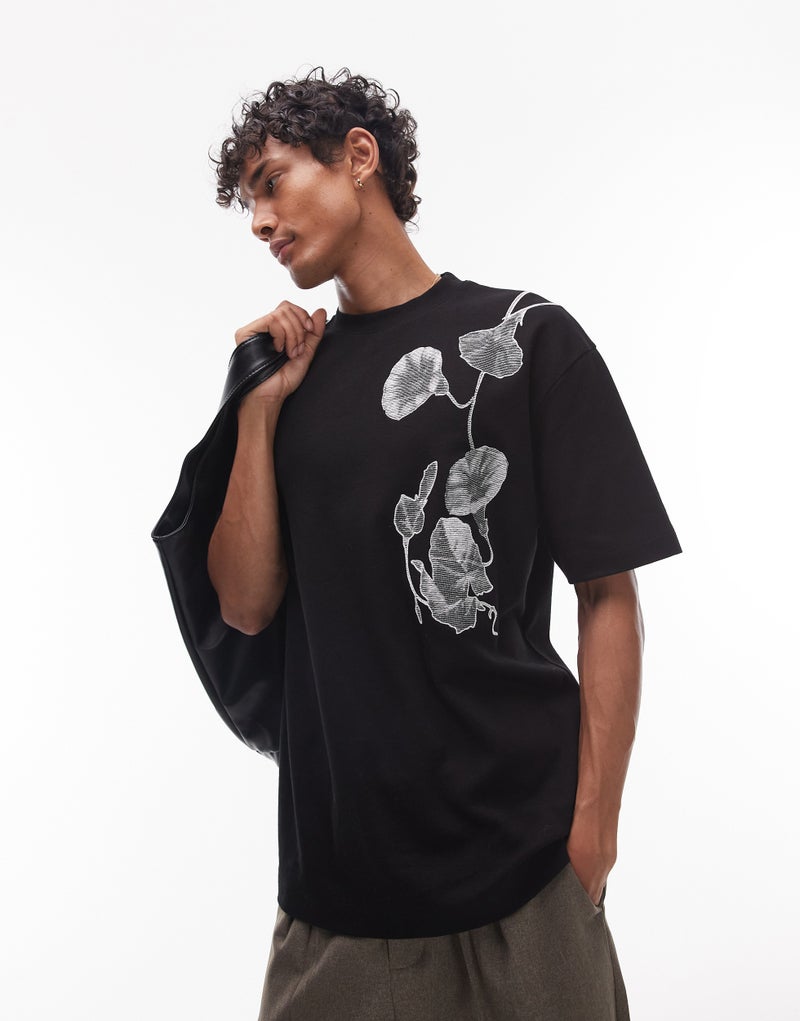 TOPMAN oversized fit interlock with floral embroidery t-shirt - Image 1