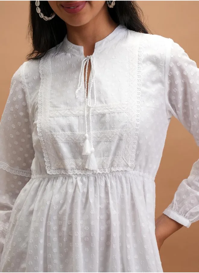 Vishudh Dobby Tie-Up Neck Tiered Maxi Dress by Styli