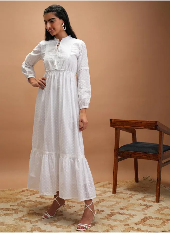 Vishudh Dobby Tie-Up Neck Tiered Maxi Dress by Styli