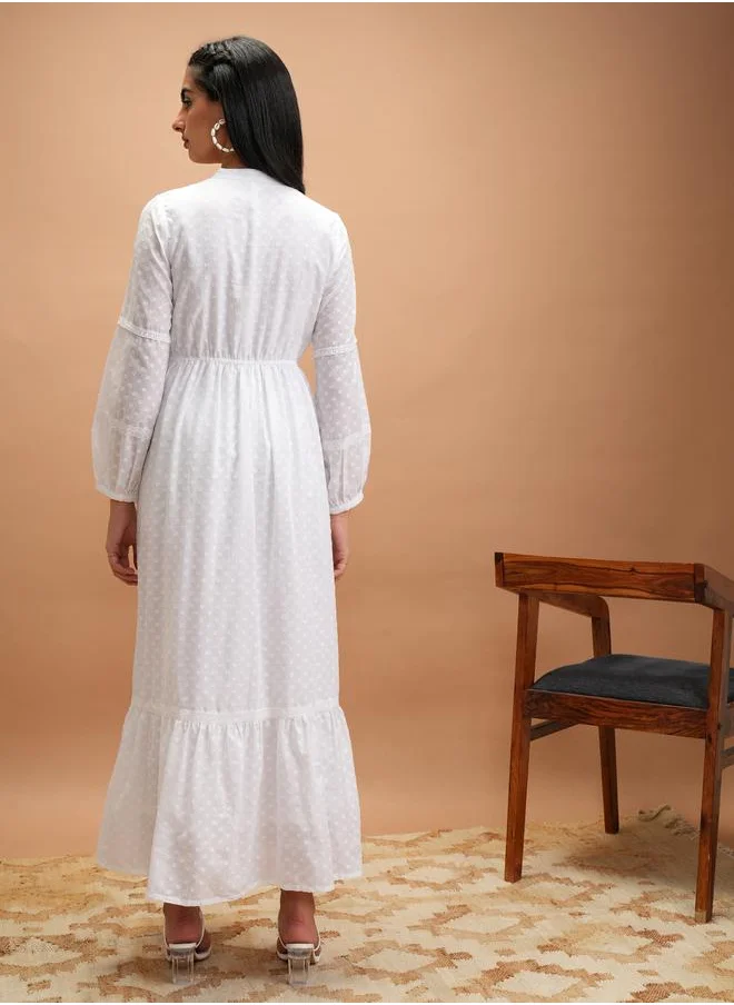 Vishudh Dobby Tie-Up Neck Tiered Maxi Dress by Styli