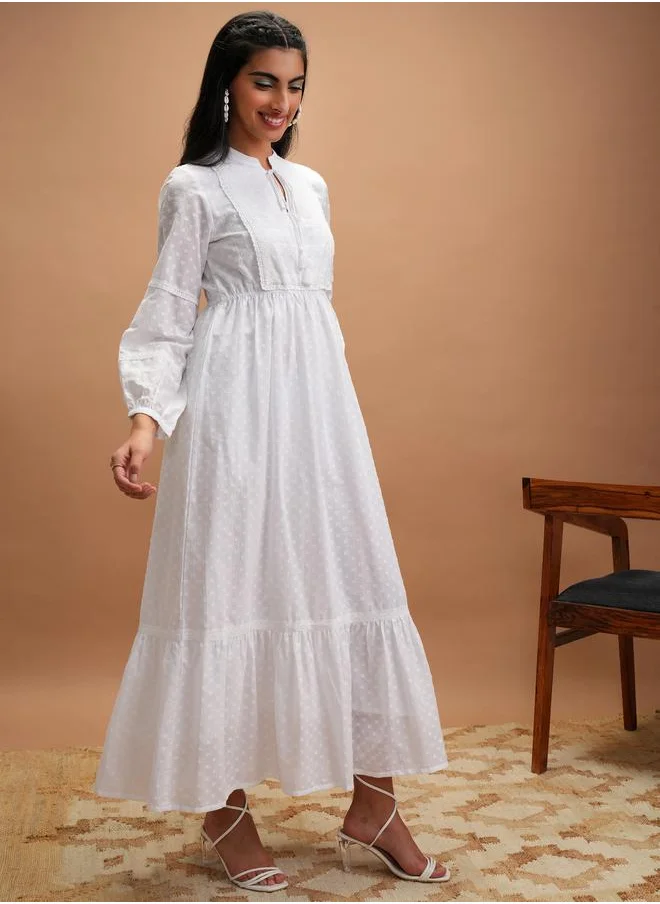 Vishudh Dobby Tie-Up Neck Tiered Maxi Dress by Styli