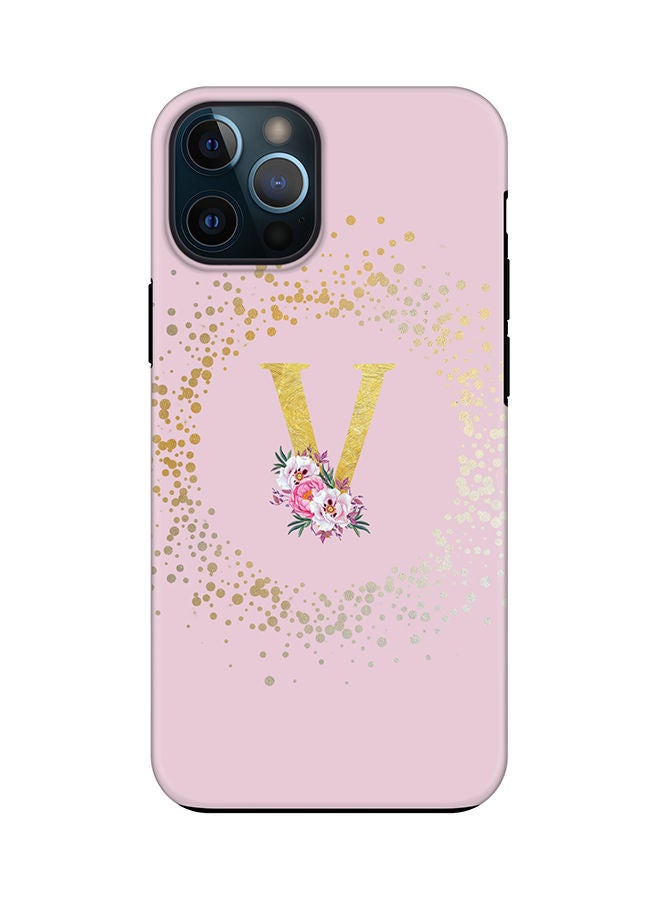 Monogram Tough Series for Apple iPhone 12 Pro Custom Initials Floral Pattern Tough Pro Dual Layer hybrid PC inner TPU protection Alphabet- V (Pink)