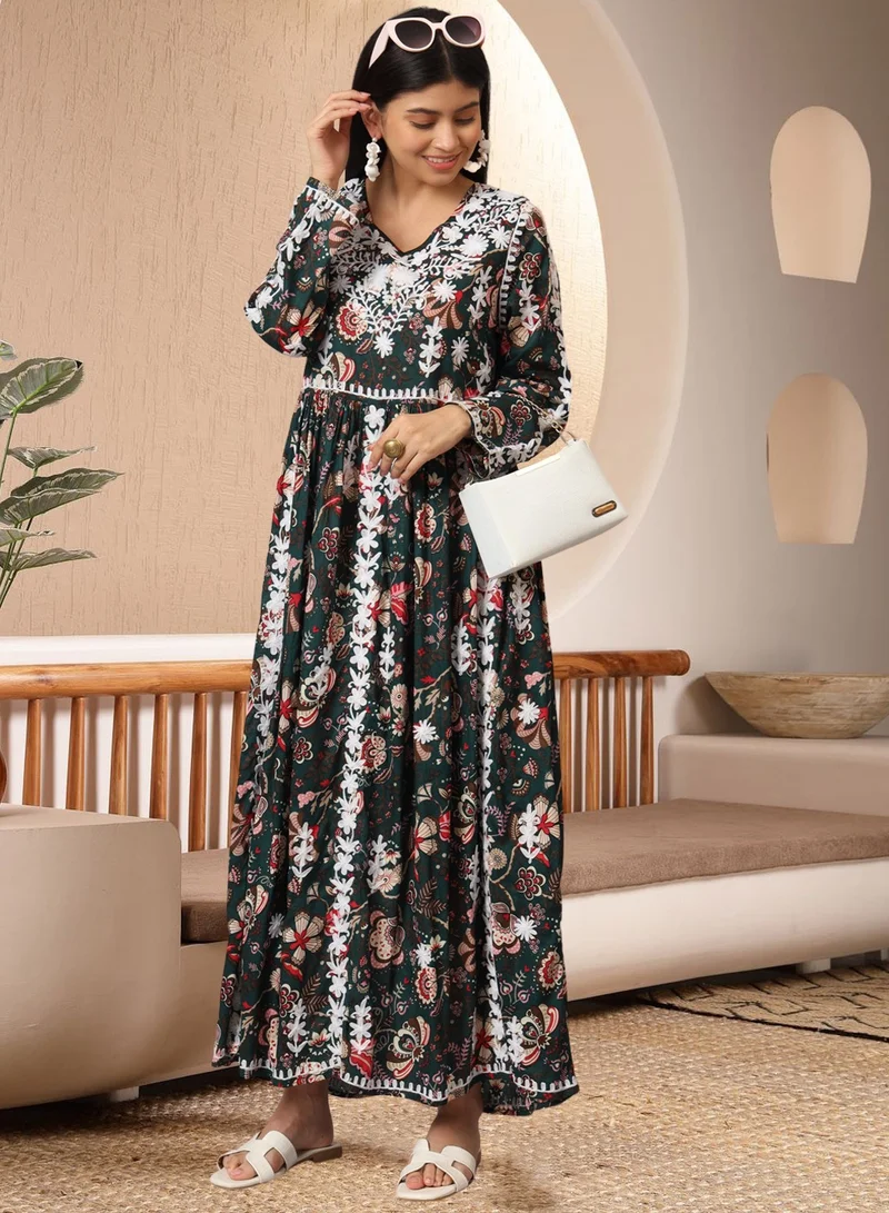 الايا جلابية قطنية مطبوعة مطرزة يدويًا من لاكناوي شيكانكاري-AL3936