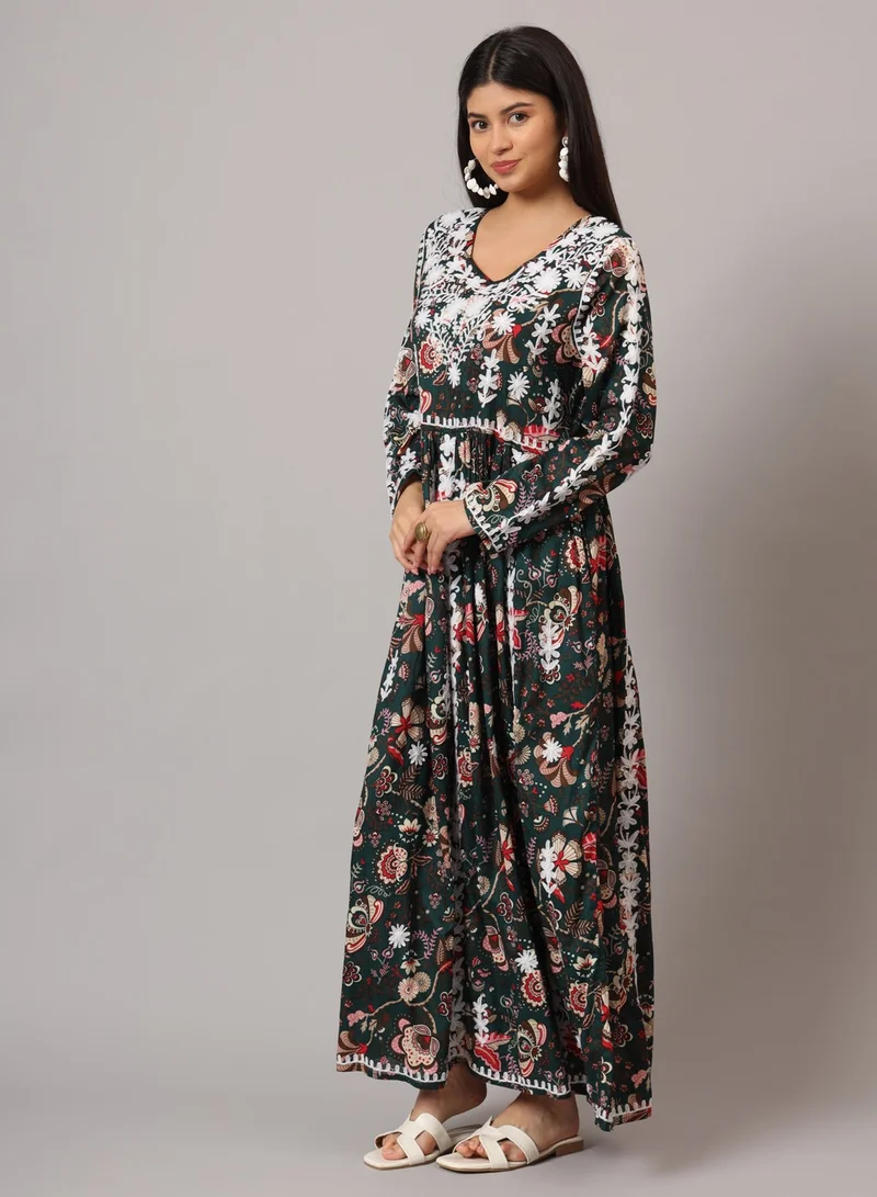 الايا جلابية قطنية مطبوعة مطرزة يدويًا من لاكناوي شيكانكاري-AL3936