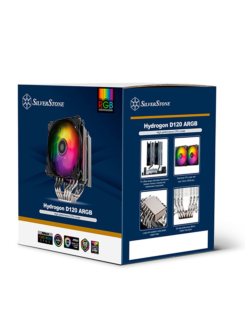 SilverStone - مبرد وحدة المعالجة المركزية Hydrogon D120 ARGB ثنائي البرج مزود بـ 6 أنابيب حرارية ومراوح ARGB مزدوجة مقاس 120 مم - Image 1