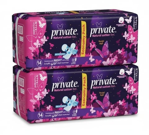 Private Natural Cotton Feel Extra Thin 14 Pads 2 pcs ( Packing May Vary)