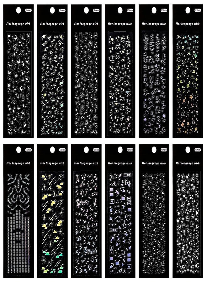 BENOSPACE 12 Sheets Holographic Deco Stickers Self Adhesive Korean Stickers for Photocards Glitter Chain Butterfly Bubbles Snowflake Musical Note Decals for DIY Craft Album Scrapbook Journal Planner - Image 1