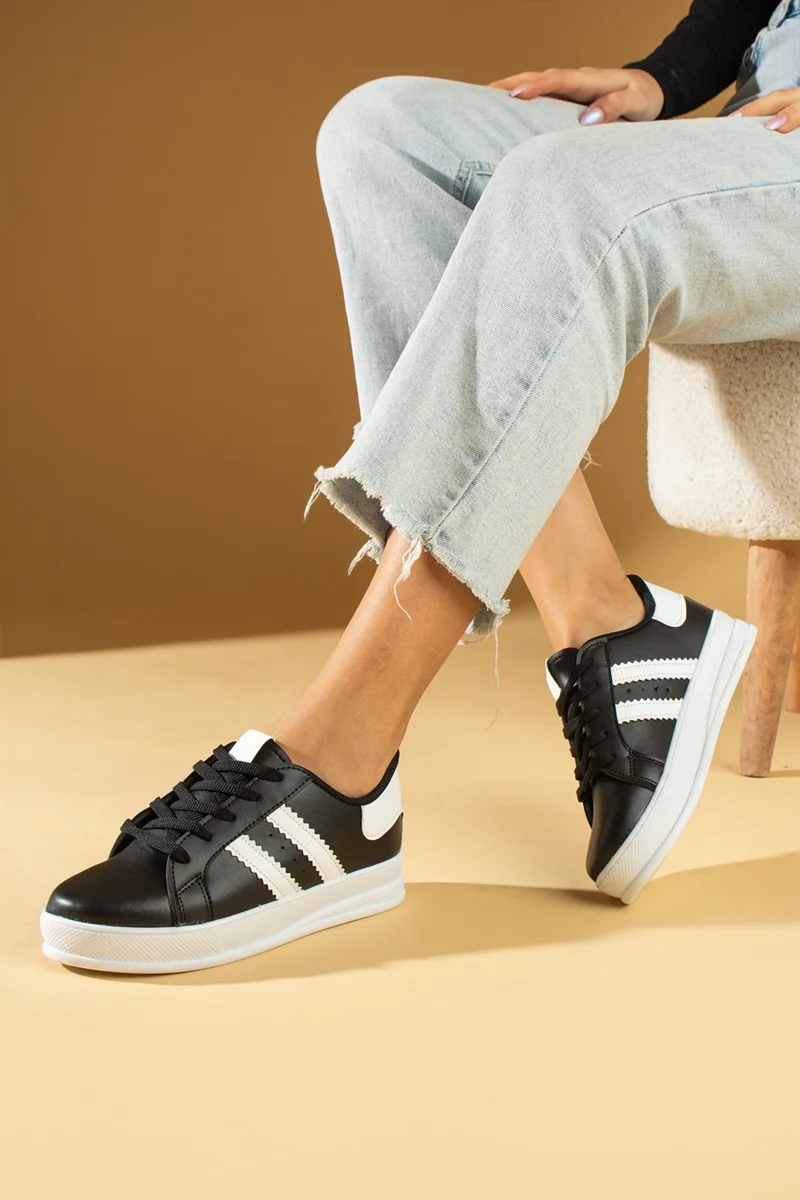 Pembe Potin Pink Bootie Stripe Lace Up Comfortable Sole Women's Sneaker 001-162-24BLACKWHITE