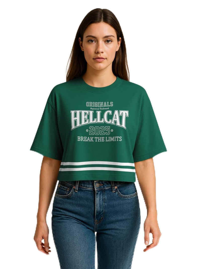 HELLCAT Oversized Crop Tshirt for Woman | Women's Half Sleeve Oversized Tshirt_ Green_Small - Image 1