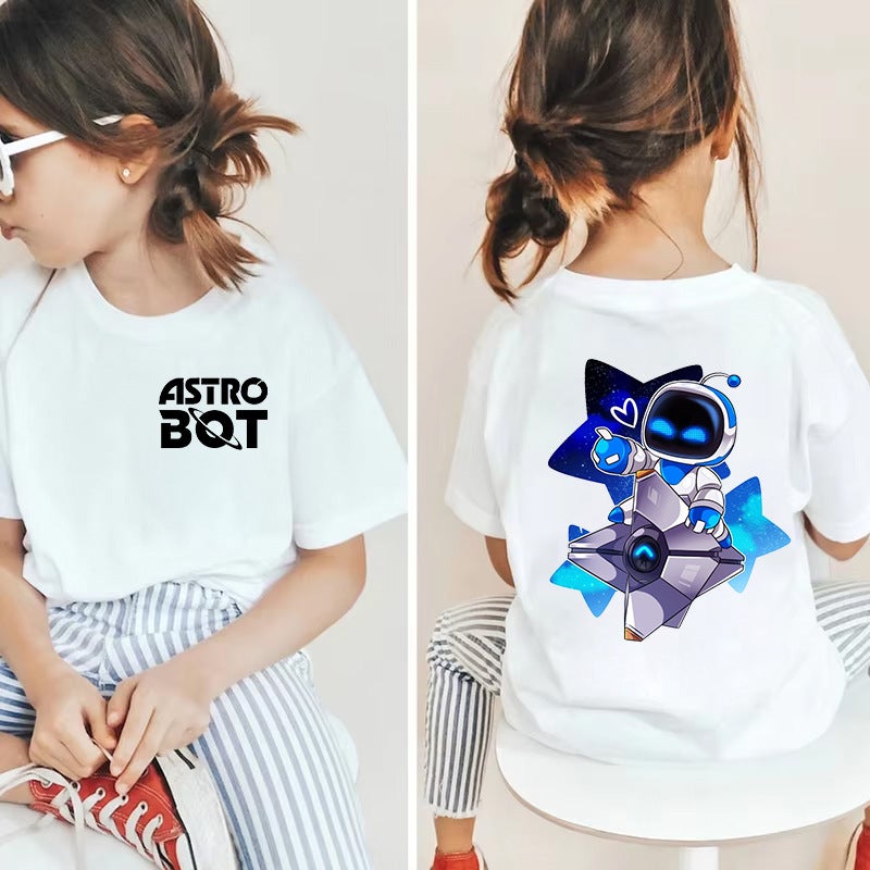 تي شيرت أبيض للأطفال صغير ومتوسط بكم قصير بتصميم كرتوني لروبوت الفضاء أسترو بوت - Image 4