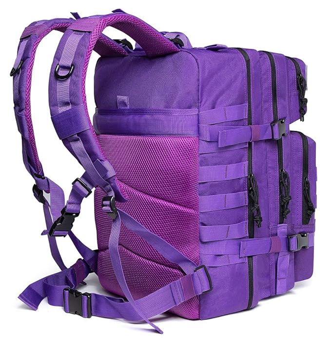 DEXO حقيبة ظهر عسكرية تكتيكية 45 لتر – حقيبة بقاء، مولي، مقاومة للماء، متعددة الأقسام للتنزه والتخييم والسفر والصيد والمغامرات الخارجية، بنفسجي - Image 3