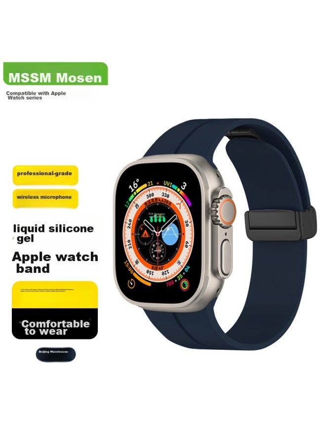 Mssm Compatible Apple Watch Band, Silicone Magnetic Folding Clasp Strap For Iwatch S10/9/8/7/ultra, Midnight Blue, 44/45/46/49mm - Image 1