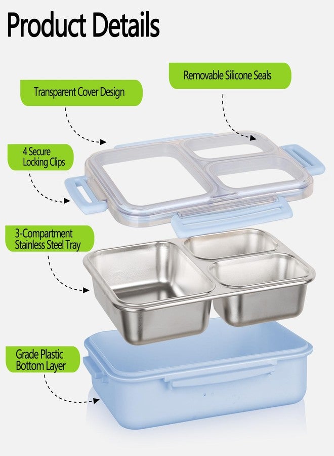 PTYTIFY Stainless Steel Bento Box, 3 Compartments Leakproof Stainless Steel Snack Containers, 25 oz Premium 304 Metal Lunch Box for Adults, BPA-Free, Dishwasher Safe (Blue) - Image 5