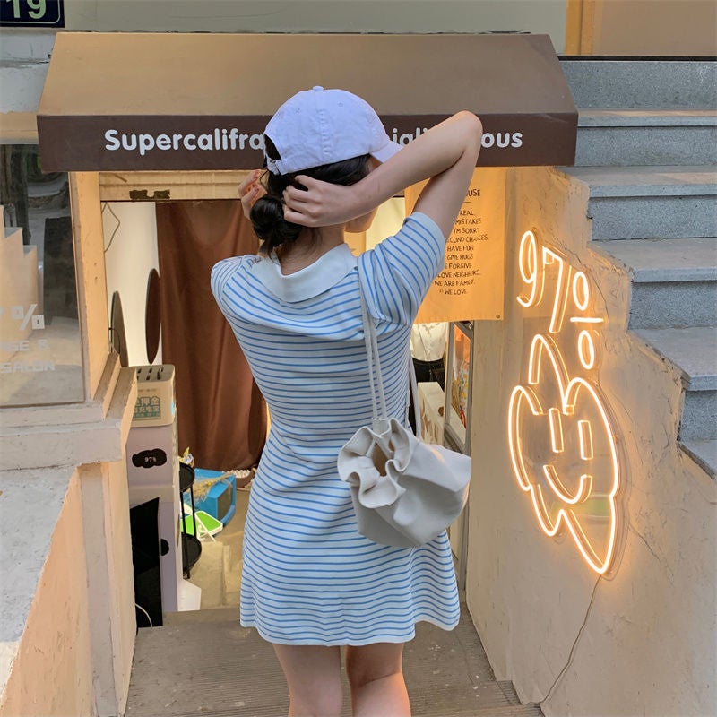 Summer Polo Dress Striped T-Shirt A-Line Slim Fit Apricot strips - Image 4
