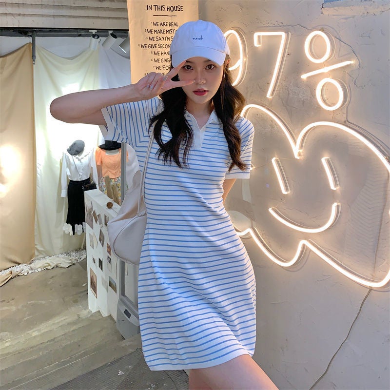 Summer Polo Dress Striped T-Shirt A-Line Slim Fit Apricot strips - Image 2