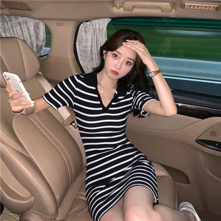 Summer Polo Dress Striped T-Shirt A-Line Slim Fit Apricot strips - Image 3