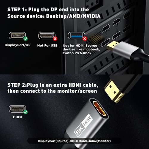 UANTIN 8K DisplayPort 1.4 to HDMI 2.1 Adapter with 4K 120Hz/ 8K 60Hz, Unidirectional DP to HDMI Cable Adapter, Display Port for AMD, NVIAID, Not Work with PS5/Xbox, No VRR Support - Image 3