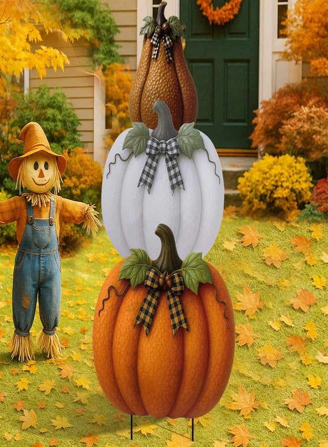 Otoolling 3 Pcs Metal Stacked Pumpkin Garden Stakes Outdoor 3D Retro Pumpkin Decoration Thanksgiving Yard Stakes Lawn Signs Decorative for Autumn Harvest Holiday Pathway Patio Decor(Stylish Style) - Image 1