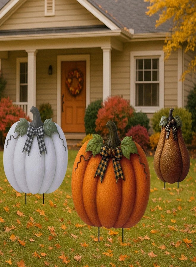 Otoolling 3 Pcs Metal Stacked Pumpkin Garden Stakes Outdoor 3D Retro Pumpkin Decoration Thanksgiving Yard Stakes Lawn Signs Decorative for Autumn Harvest Holiday Pathway Patio Decor(Stylish Style) - Image 5
