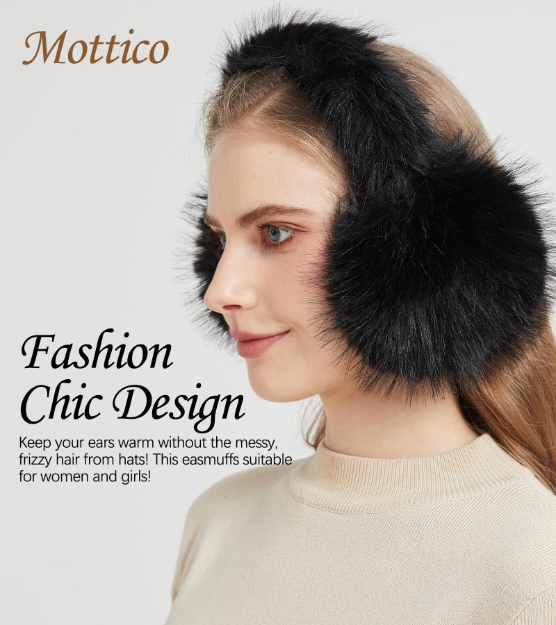 Mottico Winter Ear muffs for Women Girls, Fluffy Ear Warmer with Thick Faux Ear Covers, Foldable for Convenience! (Black) - Image 2