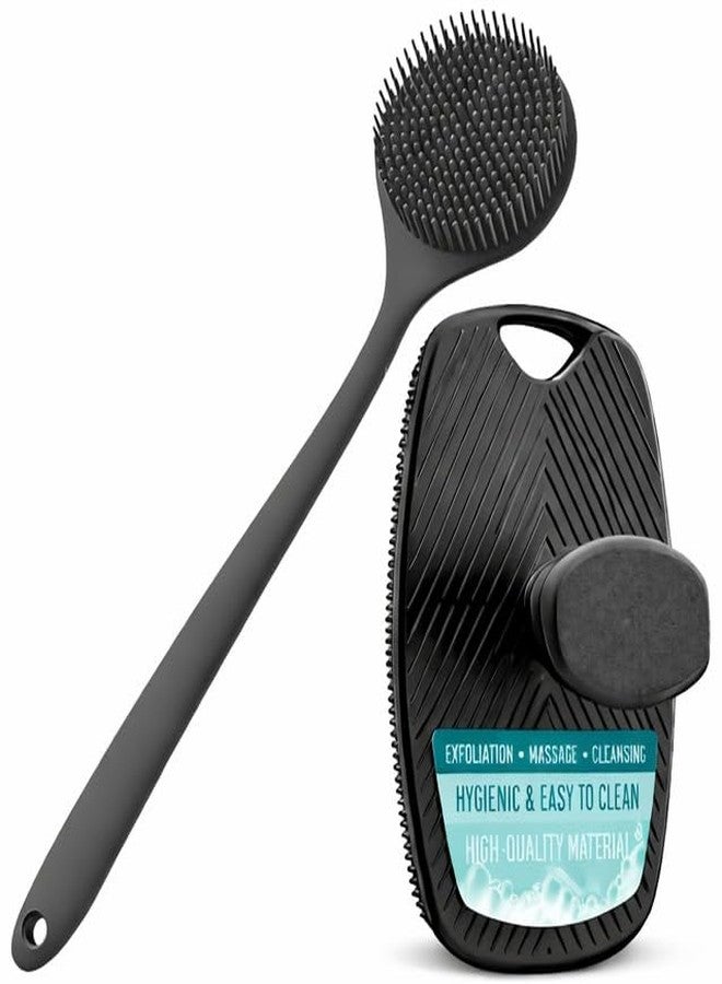 ETSAP Silicone Body Scrubber & Bath Body Brush Set | Long Handle Back Scrubber & Handheld Body Scrubber Combo | Deep Exfoliating Massage Brush for Shower | Hygienic & Easy to Clean (Black) - Image 1