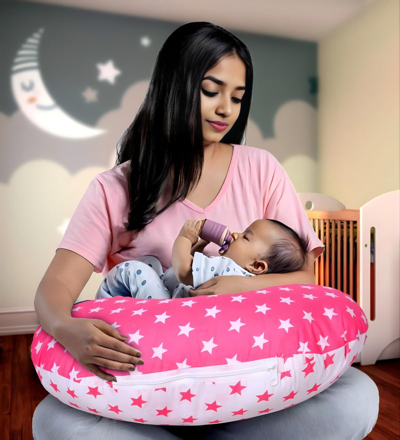 Infans Mini Baby Feeding Pillow Cotton|Maternity Feeding Pillow Portable & Adjustable|Nursing Pillow for Mother and New Born Baby (Star Pink) - Image 1