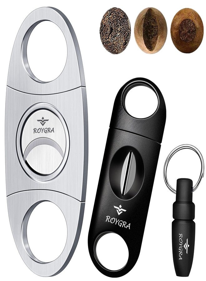 roygra Cigar Cutter Set (3 Pack), Cigar Accessories for Men - Stainless Steel Guillotine, Enlarged V-Cut Fit All Cigars, Punch Tool - Smoking Accessories, Portable Sharp Clean Cut - Silver - Image 1