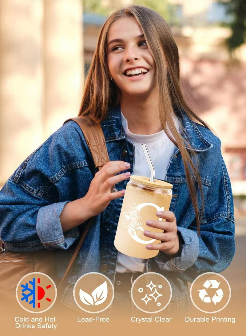 الدامكونية هدايا عيد الميلاد للسيدات، كأس زجاجي أولي مونوغرام هدايا شخصية للنساء، أكواب زجاجية 16 أونصة مع الأكمام والقش، كوب قهوة مثلج -هدايا عيد الميلاد، ج - Image 3