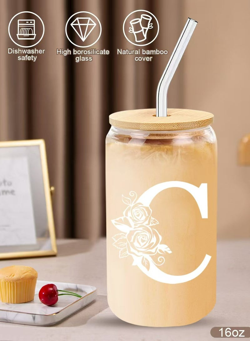 الدامكونية هدايا عيد الميلاد للسيدات، كأس زجاجي أولي مونوغرام هدايا شخصية للنساء، أكواب زجاجية 16 أونصة مع الأكمام والقش، كوب قهوة مثلج -هدايا عيد الميلاد، ج - Image 4