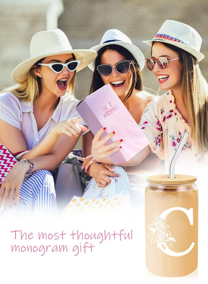 الدامكونية هدايا عيد الميلاد للسيدات، كأس زجاجي أولي مونوغرام هدايا شخصية للنساء، أكواب زجاجية 16 أونصة مع الأكمام والقش، كوب قهوة مثلج -هدايا عيد الميلاد، ج - Image 5