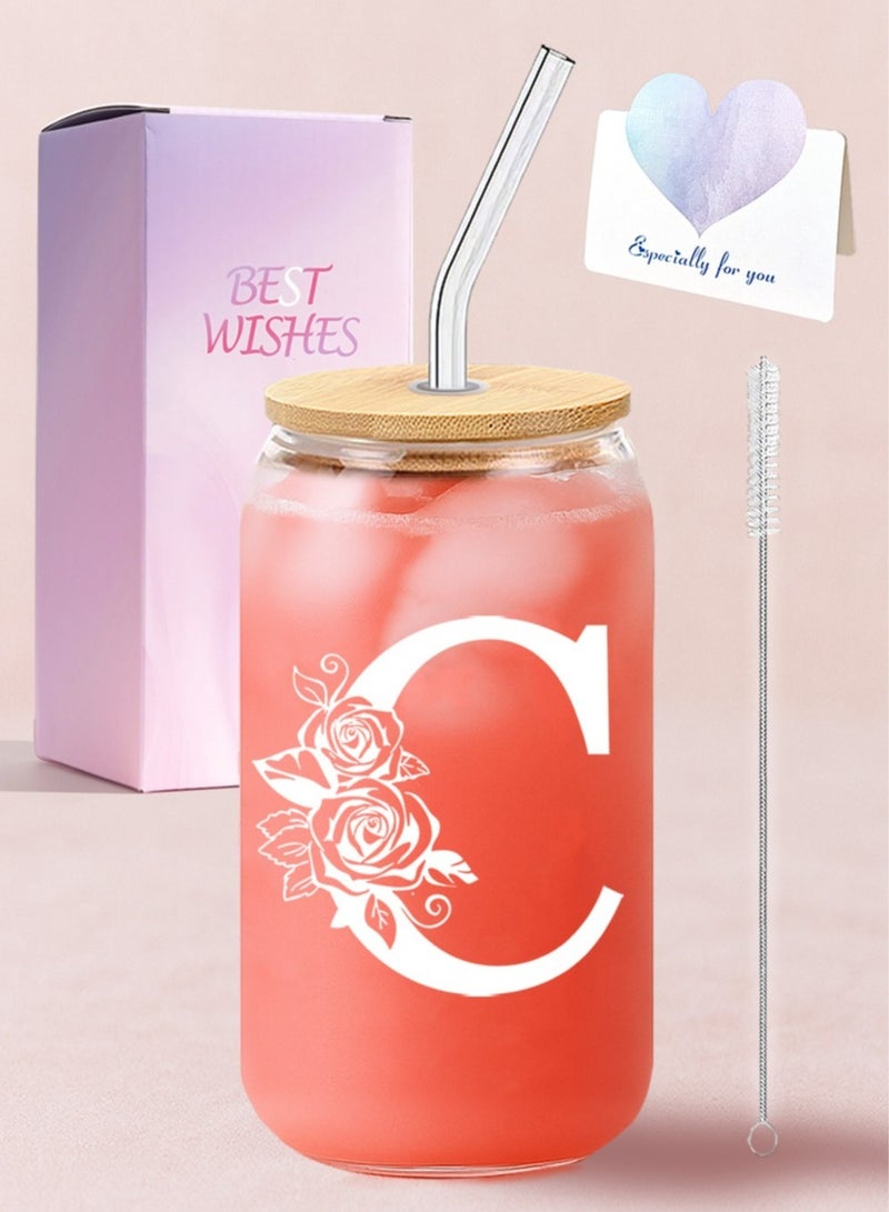 الدامكونية هدايا عيد الميلاد للسيدات، كأس زجاجي أولي مونوغرام هدايا شخصية للنساء، أكواب زجاجية 16 أونصة مع الأكمام والقش، كوب قهوة مثلج -هدايا عيد الميلاد، ج - Image 1