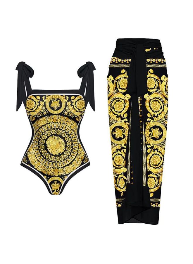 Loquat 2025 European And American Conjoined Conservative Belly-covered Beach Hot Spring Swimsuit Three-piece French Retro Conjoined Bikini-Color:Sun Bird Series- - Image 4