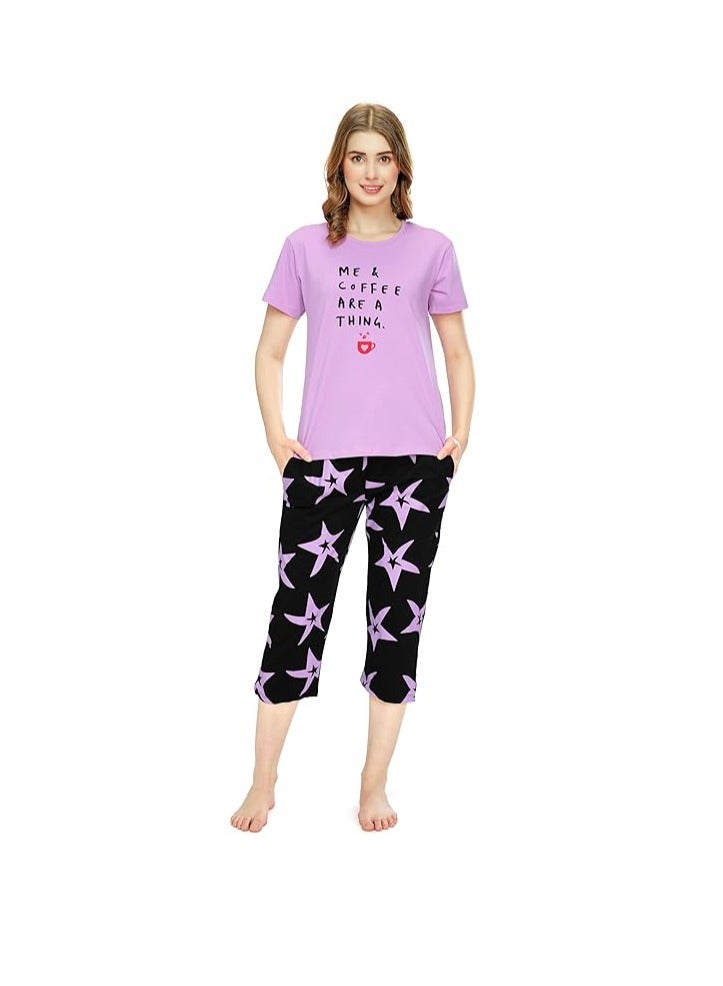 Accessorize Kingdom Night Suit for Women's Star Printed Cotton Night Dress of Top and Capri Set  - Image 1
