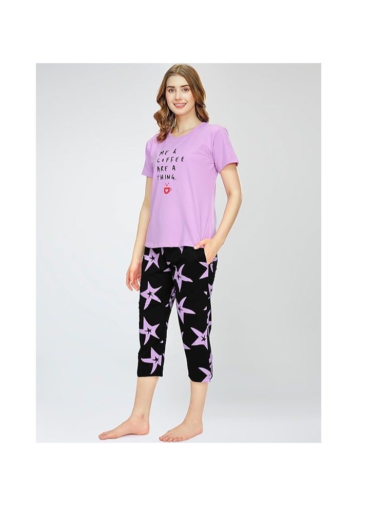 Accessorize Kingdom Night Suit for Women's Star Printed Cotton Night Dress of Top and Capri Set  - Image 3