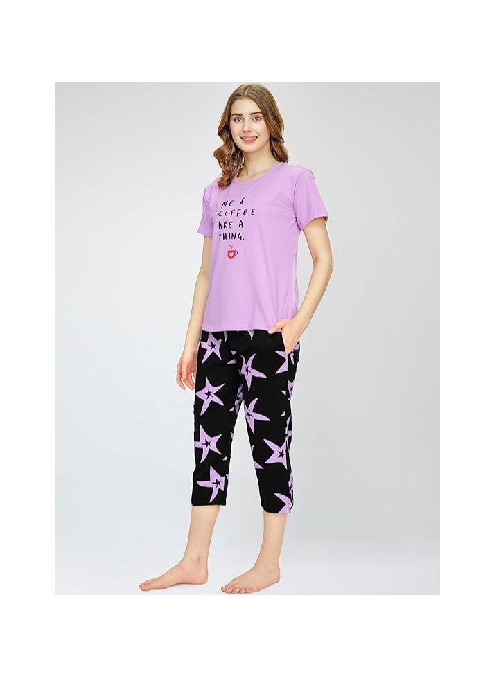 Accessorize Kingdom Night Suit for Women's Star Printed Cotton Night Dress of Top and Capri Set  - Image 4