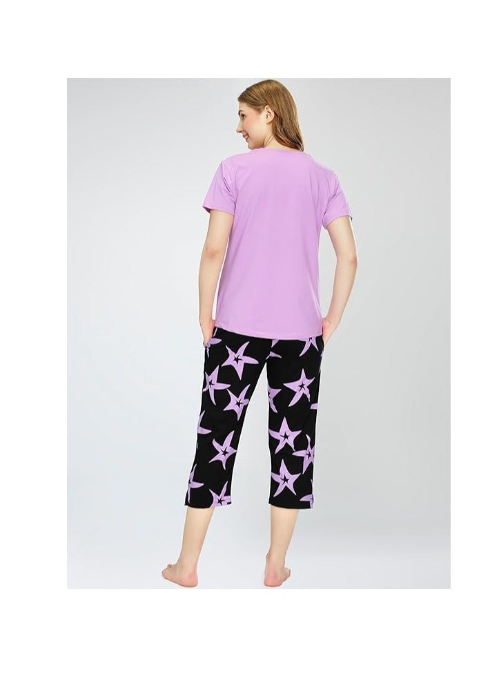 Accessorize Kingdom Night Suit for Women's Star Printed Cotton Night Dress of Top and Capri Set  - Image 5