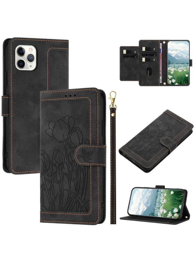 اس-توب جراب هاتف من الجلد المنقوش بنقشة زهور التوليب لهاتف iPhone 11 Pro مع حبل تعليق - Image 1