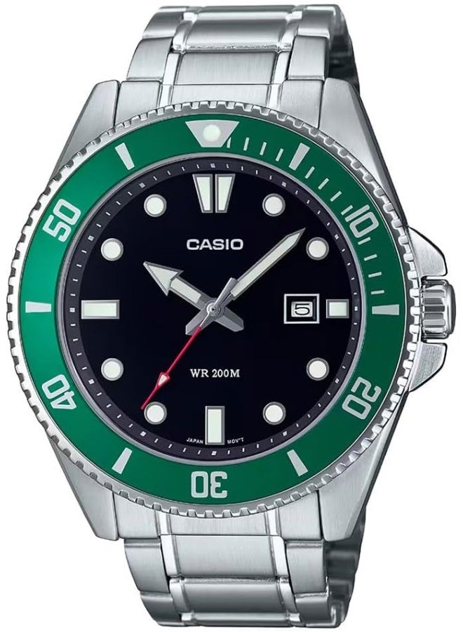 Casio Men's Dive Watch - MDV-107D-3AVDF Black Dial, Green Bezel Silver Band - Image 1