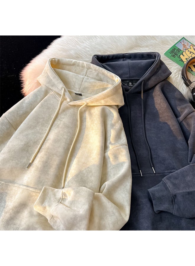 Vuug American Vintage Tie-dye Autumn Winter Loose Fit Couple Men's Hoodie L Beige Plain Fleece-lined