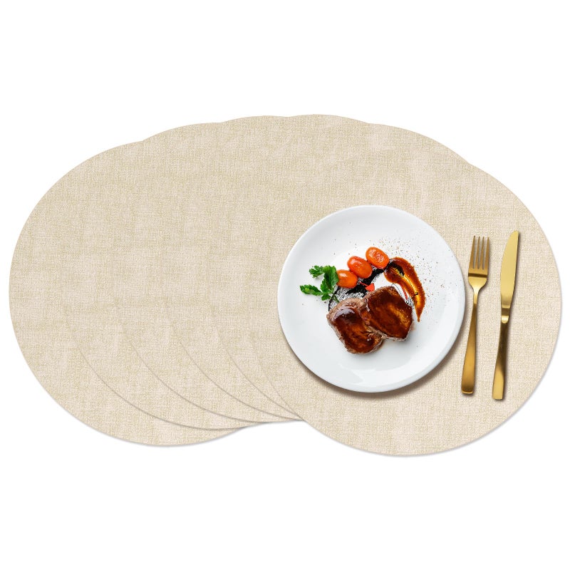 Maxpearl Round Placemats Set of 6, 13.8 inch Faux Leather Heat Resistant Table Mats, Non Slip Waterproof Wipeable Place Mats for Kitchen Dining Holiday Party Table Settings, Beige - Image 1
