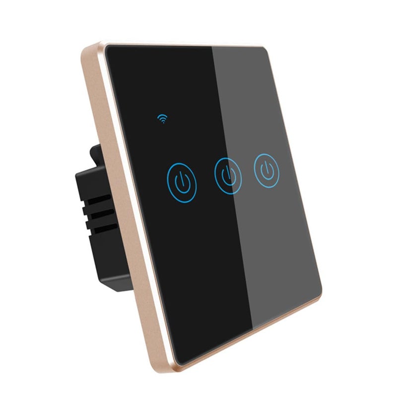 Tichondrius WiFi Smart Wall Light Switch, Metal Border Touch Switches, Glass Panel, No Neutral Wire Required, Remote Control Smart Life/Tuya App, Work with Alexa, Google Home (Black Gold, 3 Gang) - Image 1