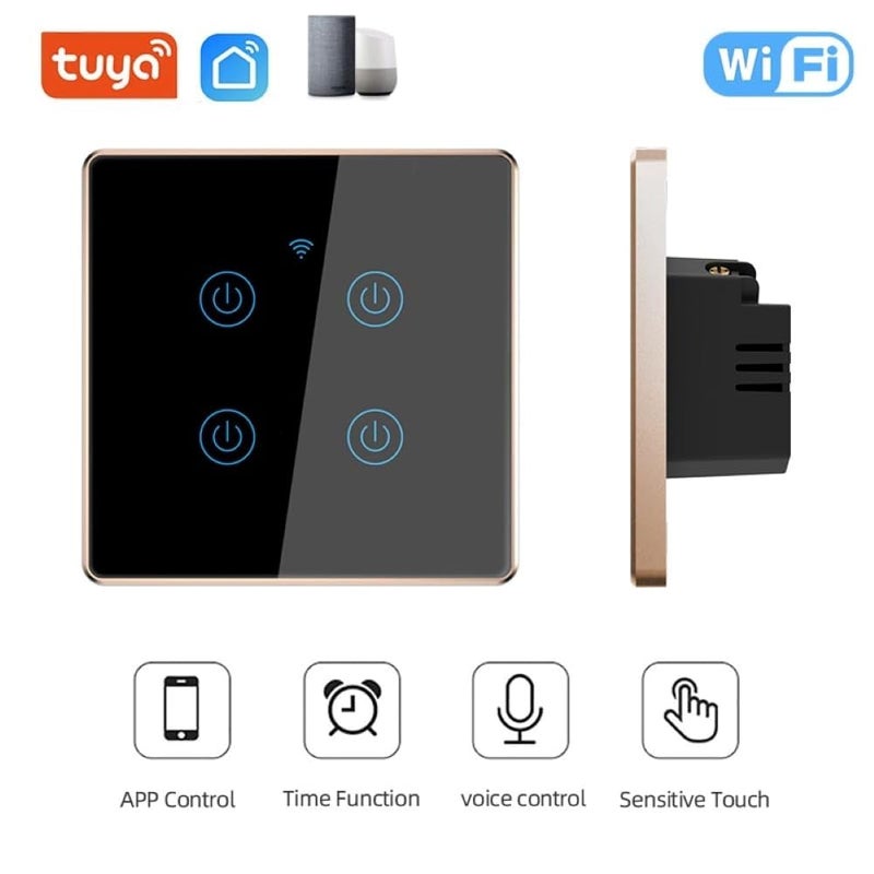 Tichondrius WiFi Smart Wall Light Switch, Metal Border Touch Switches, Glass Panel, No Neutral Wire Required, Remote Control Smart Life/Tuya App, Work with Alexa, Google Home (Black Gold, 3 Gang) - Image 2