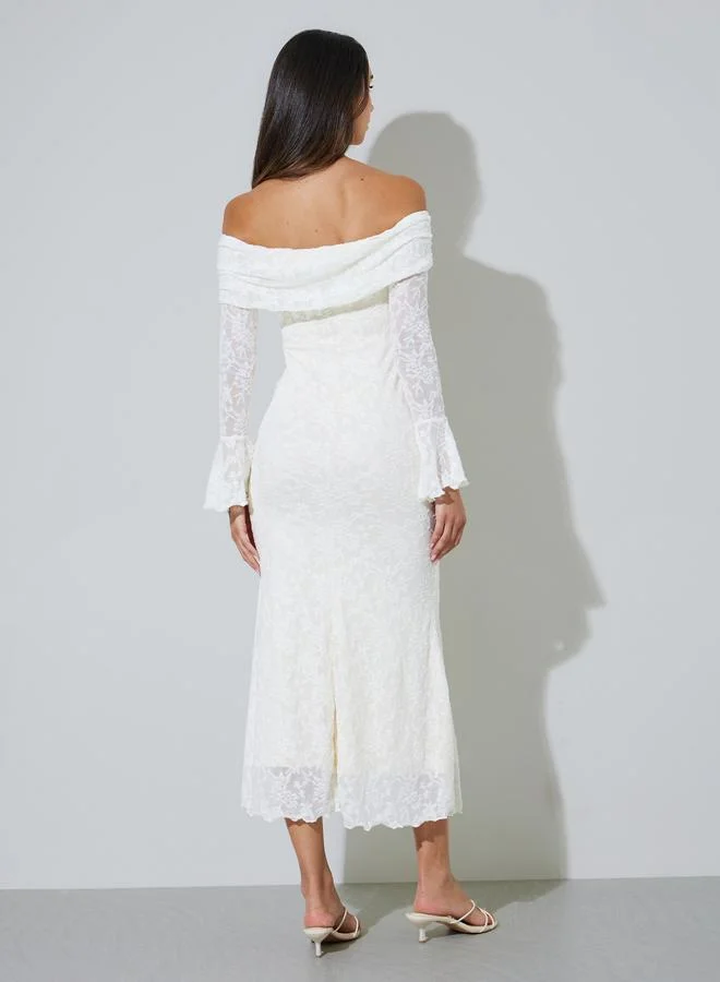 Styli ivory Beige Off Shoulder Mermaid Hem Maxi Dress for Women | Best Price UAE
