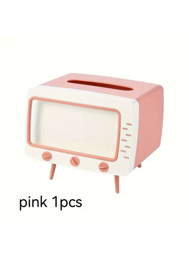 حامل علبة المناديل على شكل تلفزيون قديم مع حامل هاتف باللون الوردي - ديكور منزلي كلاسيكي - Image 1